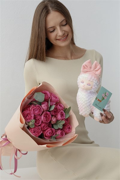 Набор Букет Мисти Баблз с эвкалиптом (9шт) + Альпака Радужная с открыткой 9098765467 - фото 635953