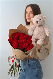 Набор Красные розы 50см (21шт) + Мишка бежевый 25см 90969088