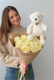 Набор Белые розы 50см (21шт) + Мишка белый 25см 65789000989